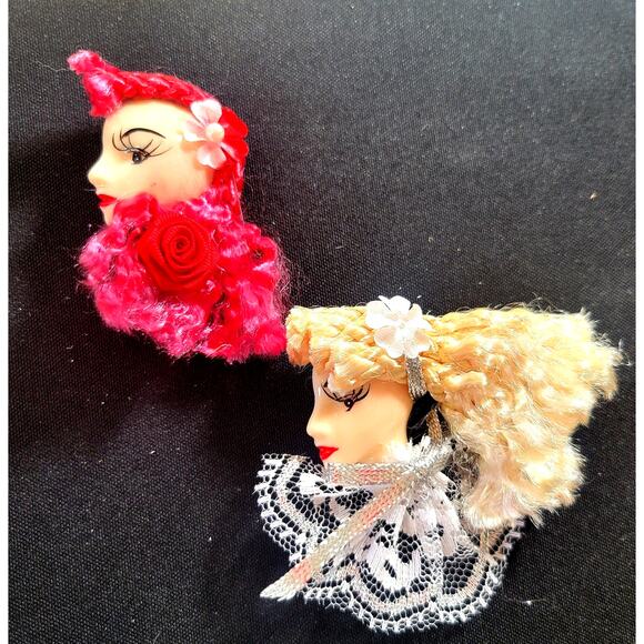 Glamour Lady Head Brooch Face  Lot of 2 Red White and Silver With Gift Boxes - Picture 1 of 15